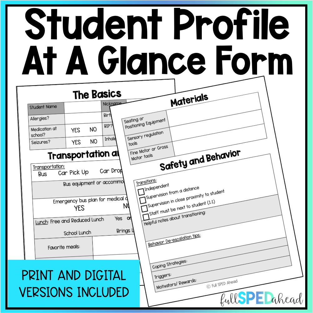 Free New Student Profile At A Glance Form Special Education IEP Back to ...
