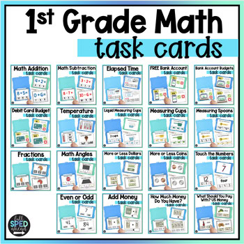 1st Grade Math Review Skills Task Cards Special Education Work Box Center Bundle