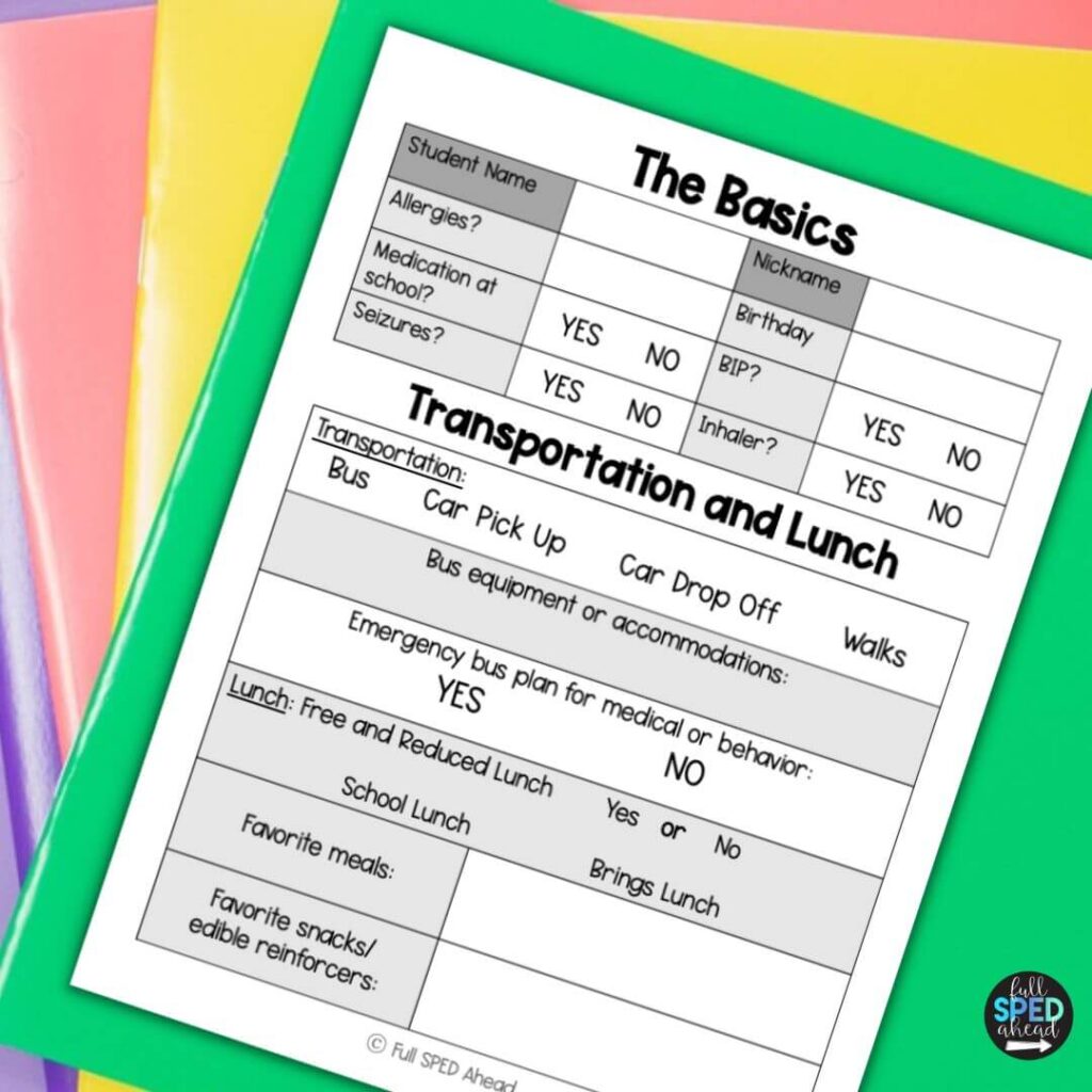 Free New Student Profile At A Glance Template for Special Education Teachers